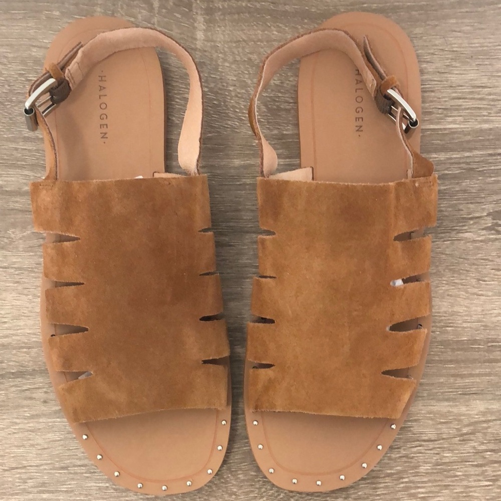 Halogen brand, Jannie style, brown color, suede cutout sandals. Size 8.